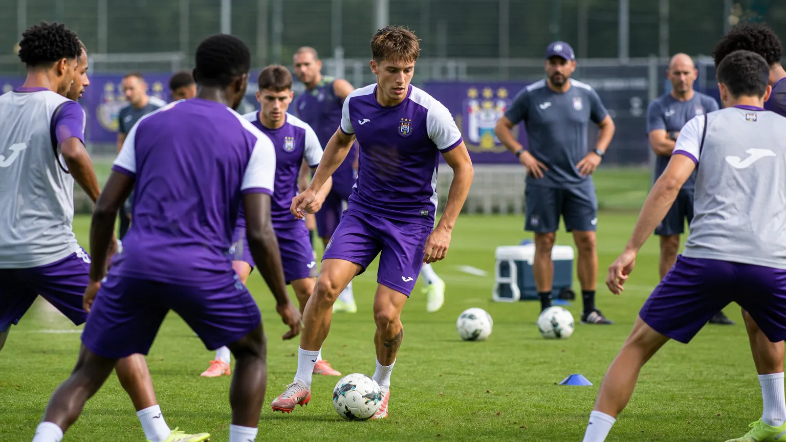 Spelers van RSC Anderlecht tijdens een actieve training op het clubcomplex