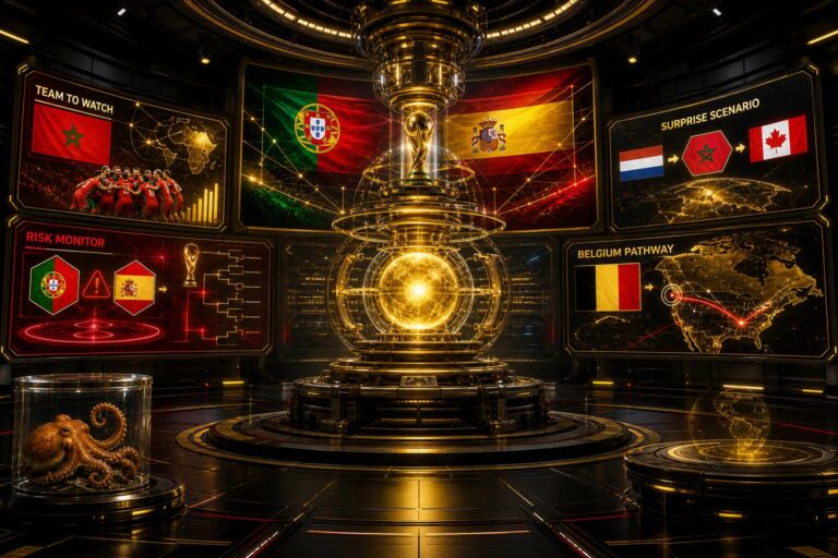 Gouden VoetbalFocus Prediction Engine met WK-projecties, Belgische accenten en Paul de Octopus in een observatiecapsule