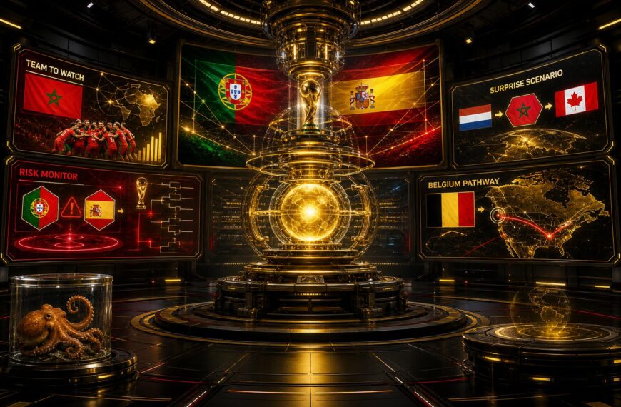 Gouden VoetbalFocus Prediction Engine met WK-projecties, Belgische accenten en Paul de Octopus in een observatiecapsule