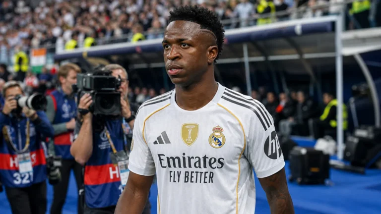 Vinicius Junior wandelt in het tenue van Real Madrid langs de zijlijn.