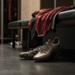 Voetbalschoenen in een stille kleedkamer als symbool voor het afscheid van Massimo Bruno