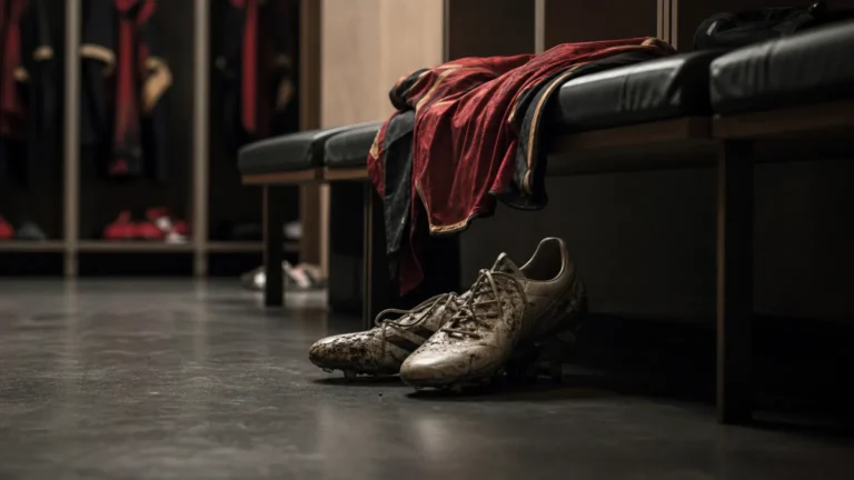 Voetbalschoenen in een stille kleedkamer als symbool voor het afscheid van Massimo Bruno