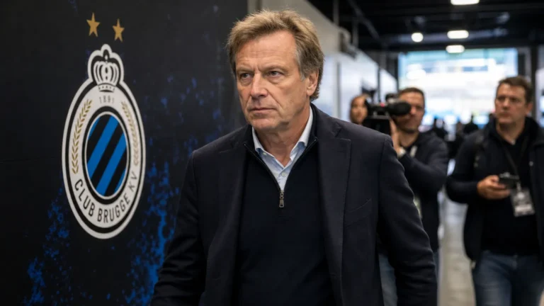Bart Verhaeghe loopt geconcentreerd door een stadiongang van Club Brugge.