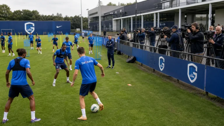 Spelers en staf van KRC Genk op het trainingsveld met pers langs de zijlijn