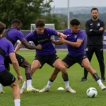 Spelers van RSC Anderlecht tijdens een intensieve training op Neerpede.