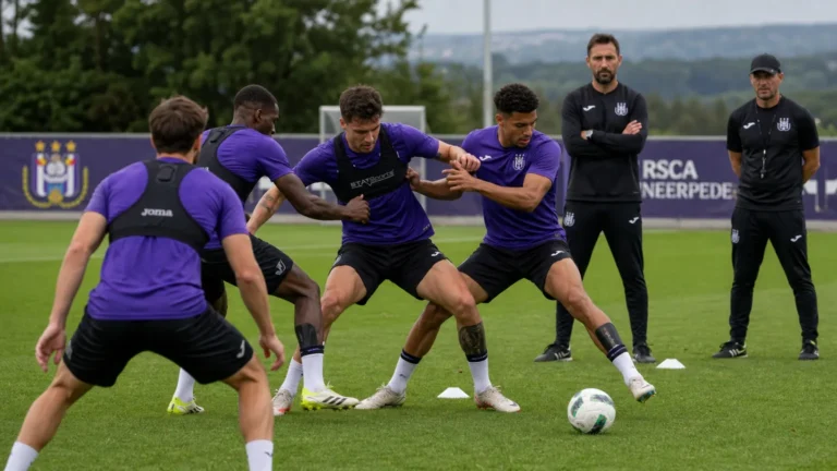 Spelers van RSC Anderlecht tijdens een intensieve training op Neerpede.