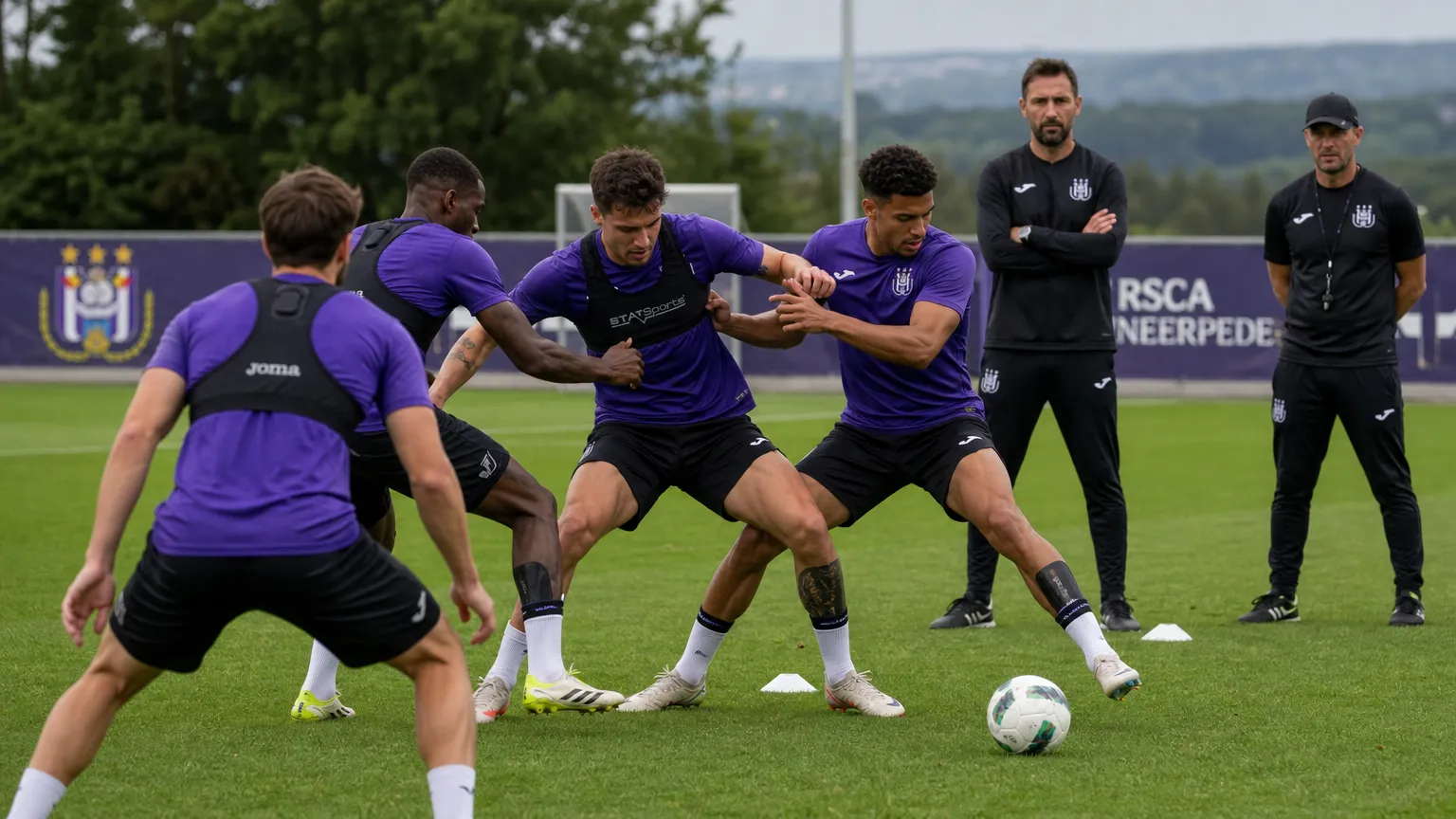 Spelers van RSC Anderlecht tijdens een intensieve training op Neerpede.