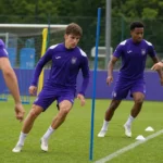 Verdedigers van RSC Anderlecht tijdens een backoefening op het trainingsveld.
