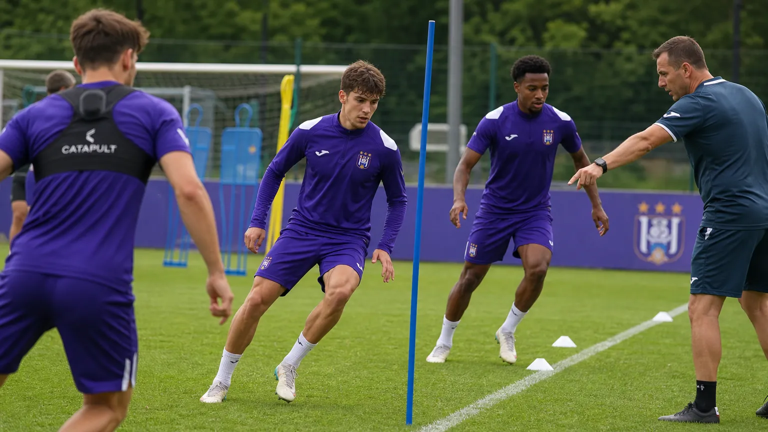 Verdedigers van RSC Anderlecht tijdens een backoefening op het trainingsveld.
