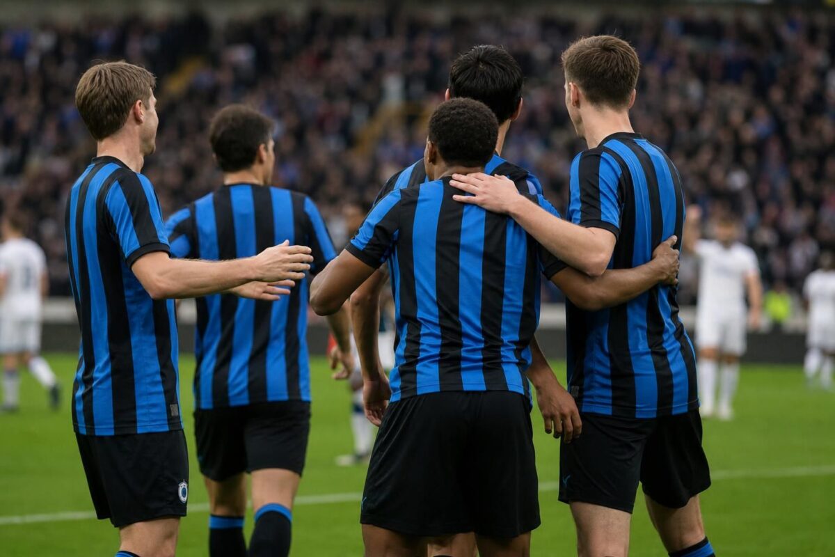 Club Brugge viert een doelpunt tijdens een oefenwedstrijd tegen KV Kortrijk