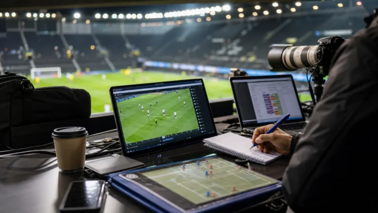 Video-analyse en wedstrijdvoorbereiding in een Brugse voetbalcontext zonder herkenbare personen