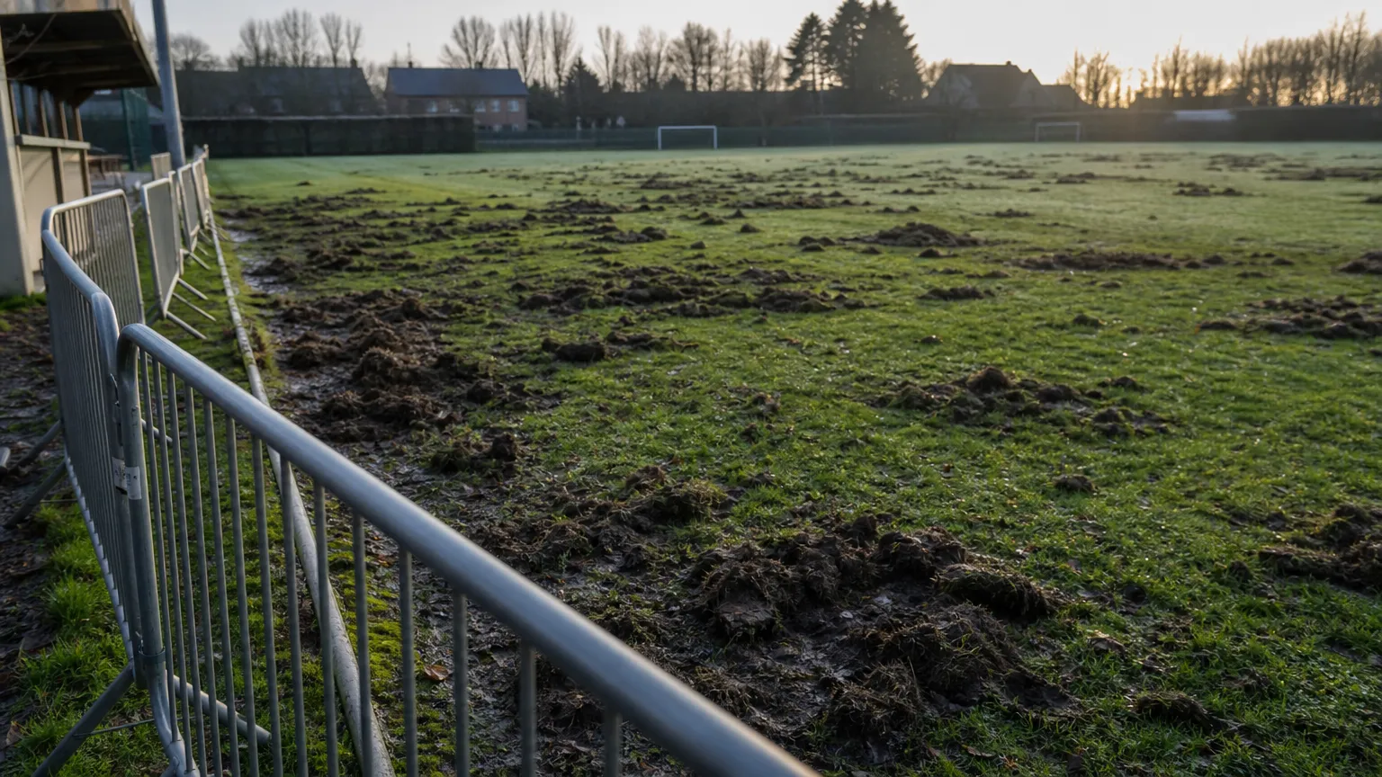 Omgeploegd voetbalveld na everzwijnenschade bij Turkse FC en Stal Sport