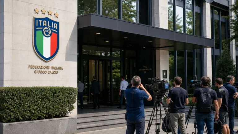 Media verzamelen aan de ingang van de Italiaanse voetbalbond