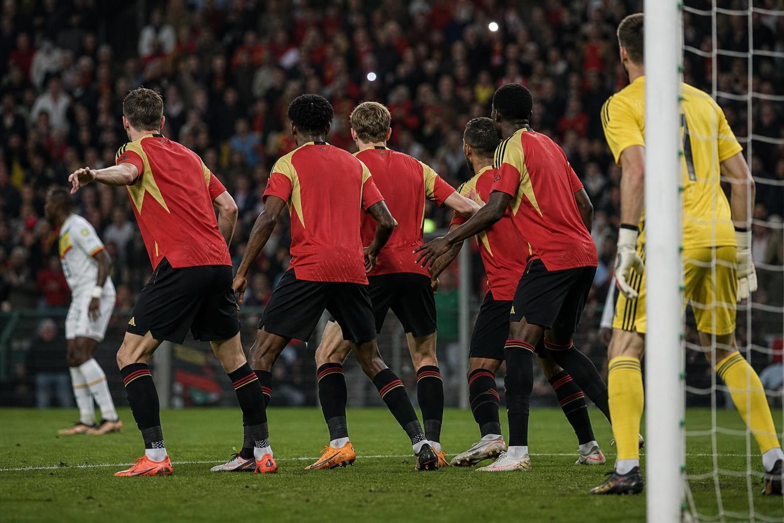 Rode Duivels in defensieve spanning tijdens een wedstrijdmoment tegen Senegal