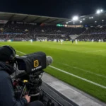 Televisiecamera’s langs het veld in een gevuld Belgisch voetbalstadion