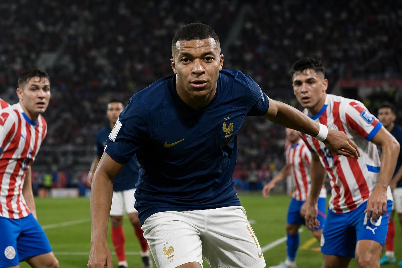 Kylian Mbappé tijdens een gespannen WK-wedstrijd van Frankrijk tegen Paraguay