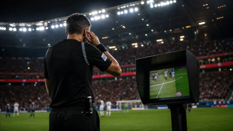Gespannen VAR-moment in een WK-stadion tijdens een omstreden wedstrijdsituatie