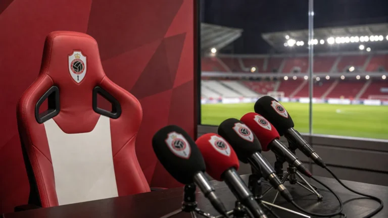 Een gespannen perszaal in een voetbalstadion als symbool voor de trainerskeuze van Royal Antwerp FC