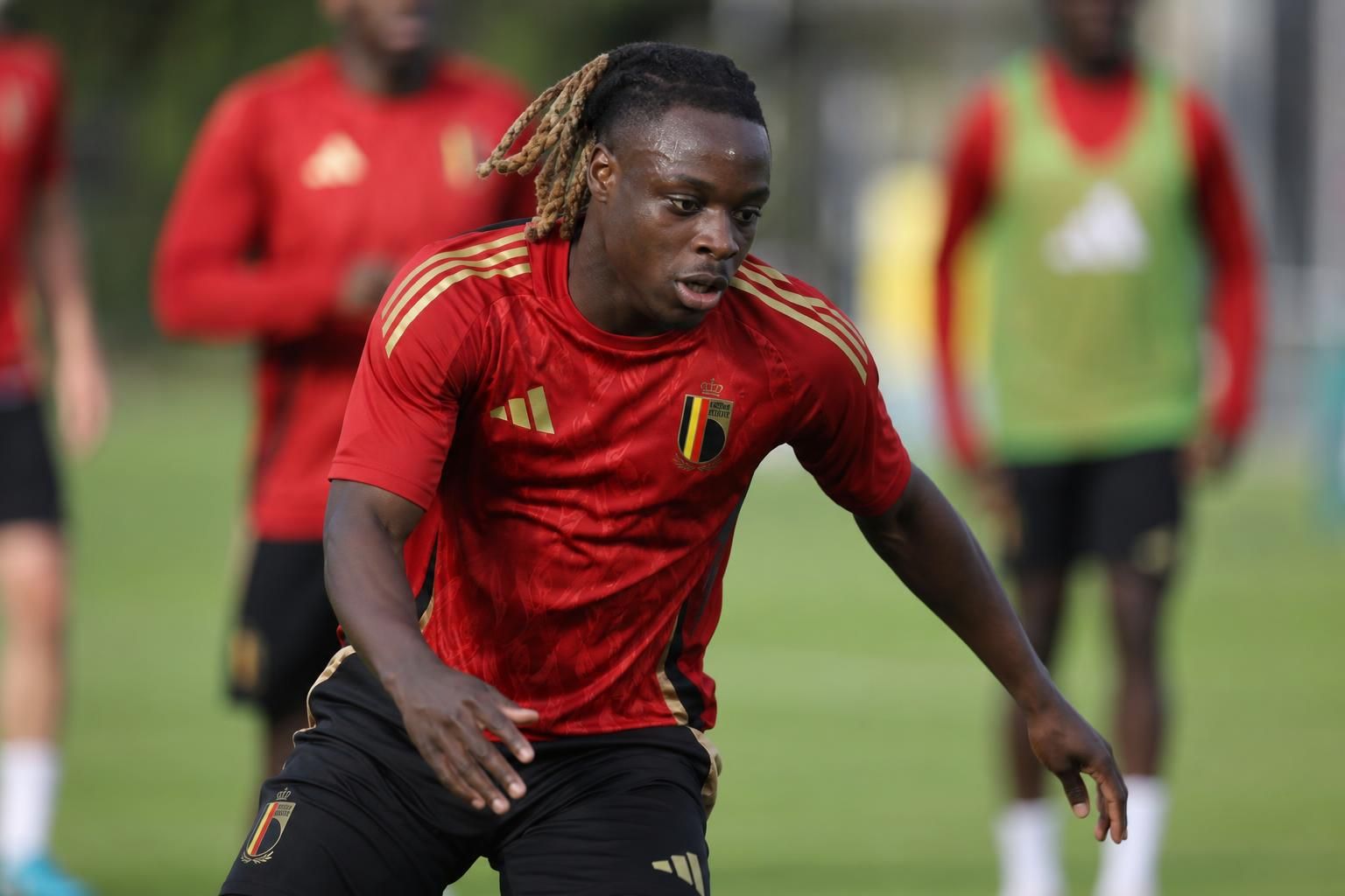 Jérémy Doku tijdens een training van de Rode Duivels