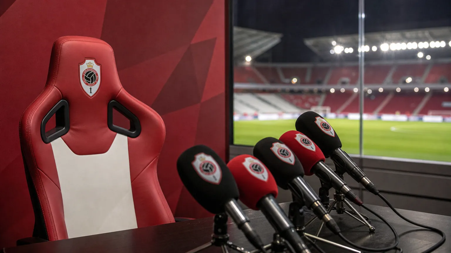 Een gespannen perszaal in een voetbalstadion als symbool voor de trainerskeuze van Royal Antwerp FC