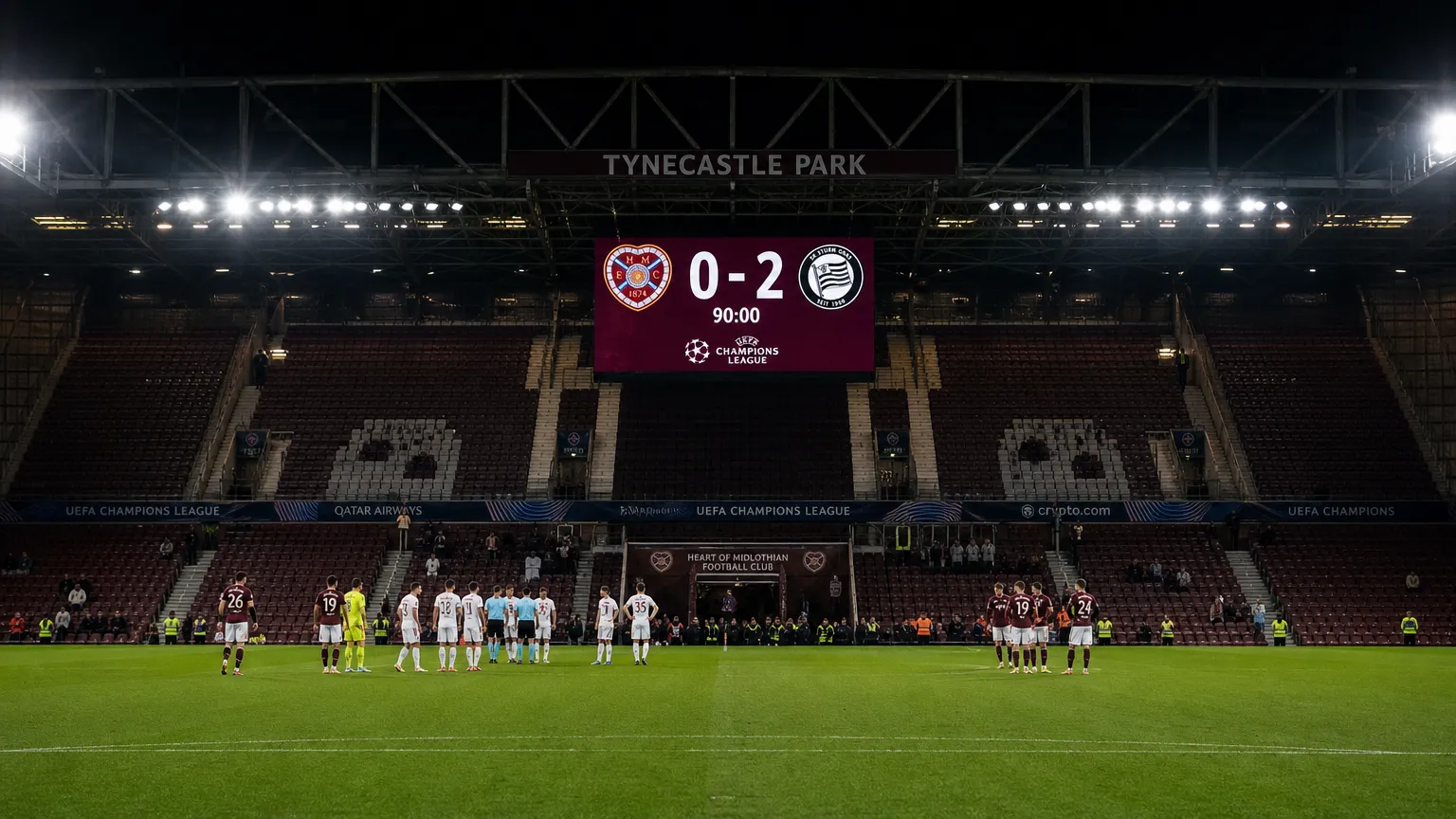 Breed zicht op het thuisstadion van Hearts na de 0-2 tegen Sturm Graz
