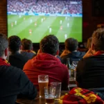 Supporters volgen Belgisch voetbal op een groot scherm in een voetbalbar