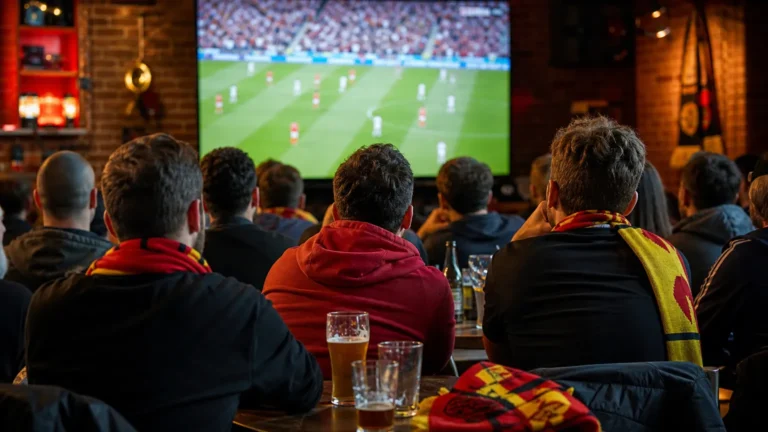 Supporters volgen Belgisch voetbal op een groot scherm in een voetbalbar
