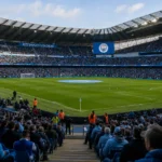 Brede blik op het stadion van Manchester City tijdens een drukke wedstrijddag