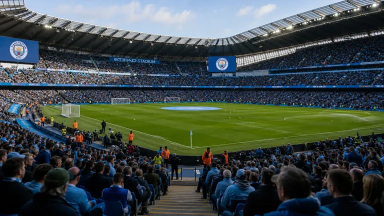 Brede blik op het stadion van Manchester City tijdens een drukke wedstrijddag