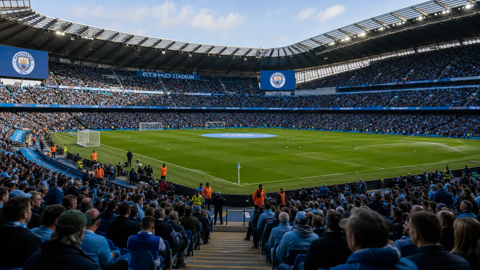 Brede blik op het stadion van Manchester City tijdens een drukke wedstrijddag