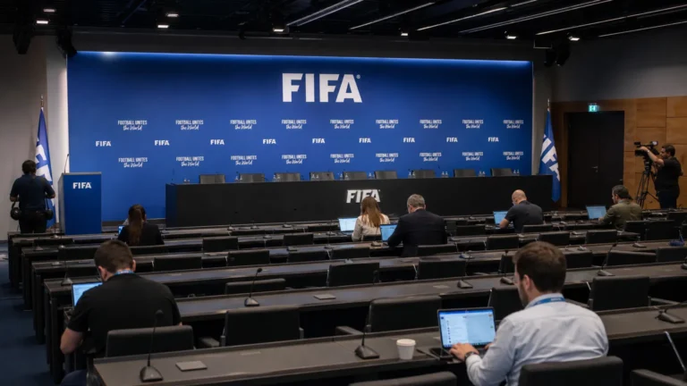 Brede blik op een FIFA-mediacentrum met werkende journalisten en een leeg perspodium