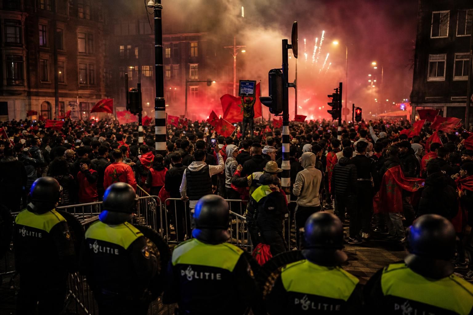 Supporters vieren een WK-zege van Marokko op straat terwijl de sfeer gespannen wordt