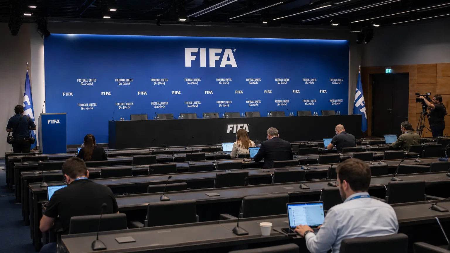 Brede blik op een FIFA-mediacentrum met werkende journalisten en een leeg perspodium