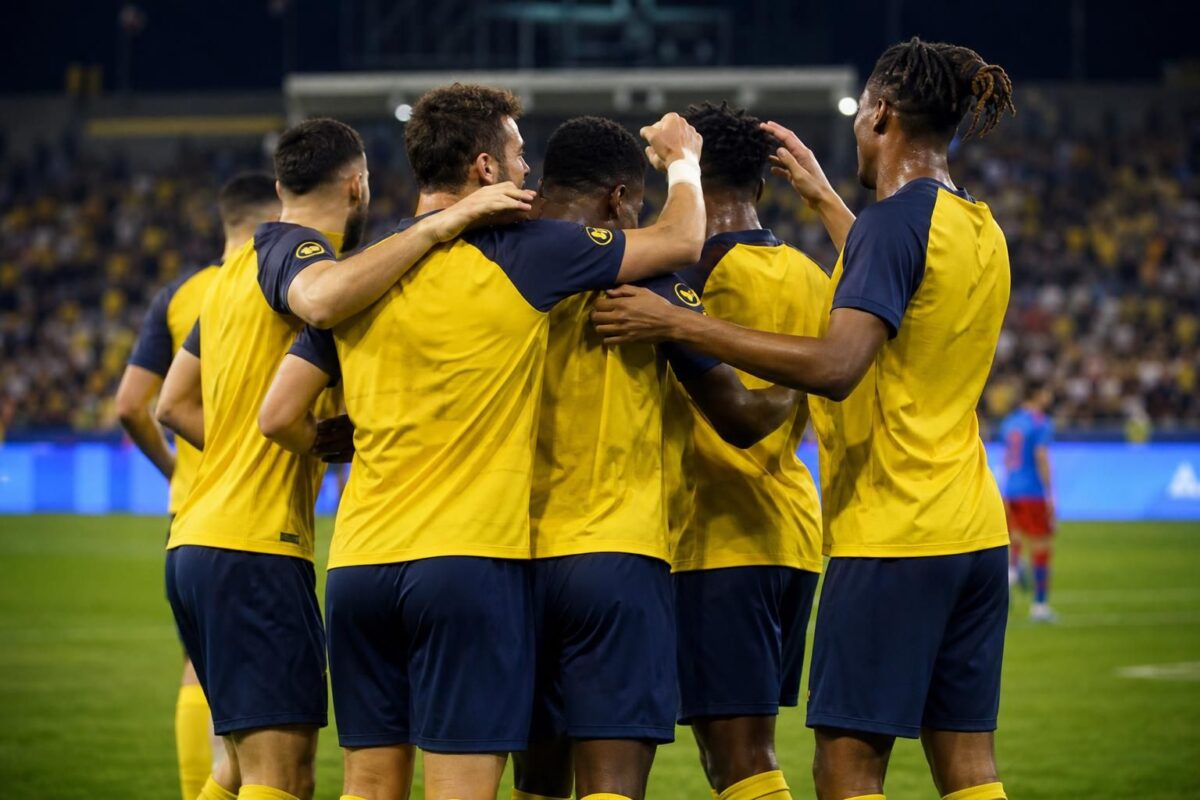 Union-spelers vieren een doelpunt tijdens een oefenwedstrijd tegen FCSB
