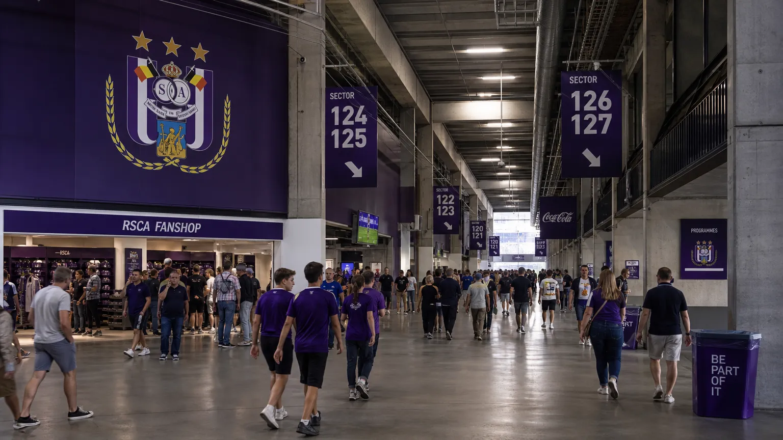Supporters op de stadionconcourse van RSC Anderlecht voor een wedstrijd