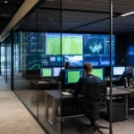 Analysewerkruimte in het Alheembouw Basecamp met medewerkers van Club Brugge op de achtergrond