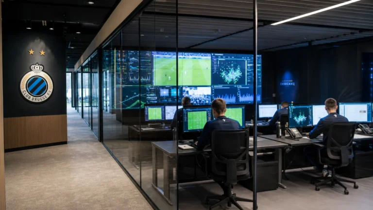 Analysewerkruimte in het Alheembouw Basecamp met medewerkers van Club Brugge op de achtergrond