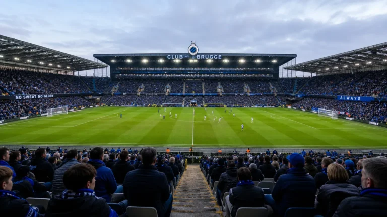 Gevulde stadiontribune van Club Brugge tijdens een wedstrijddag
