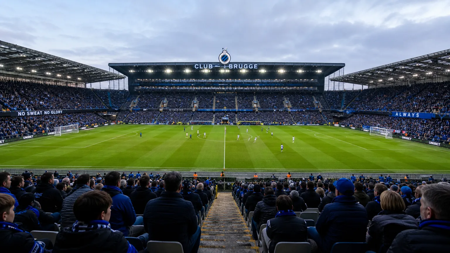 Gevulde stadiontribune van Club Brugge tijdens een wedstrijddag