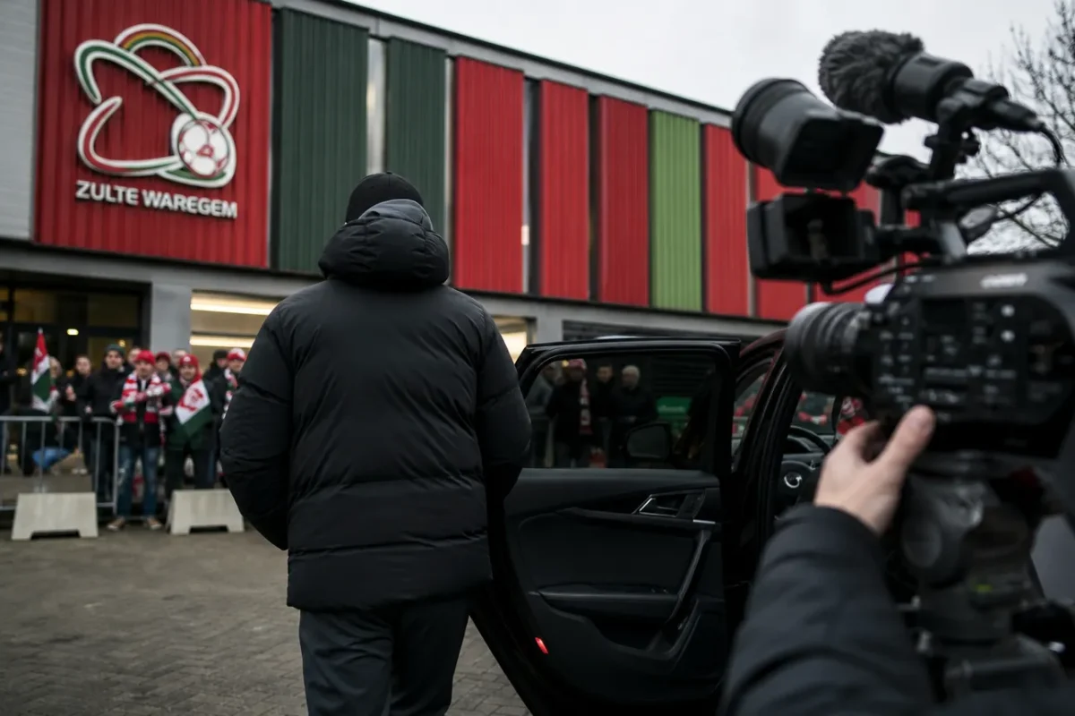 Transfercontext rond Zulte Waregem met stadionomgeving en supporterssfeer zonder herkenbare gezichten