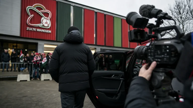 Transfercontext rond Zulte Waregem met stadionomgeving en supporterssfeer zonder herkenbare gezichten