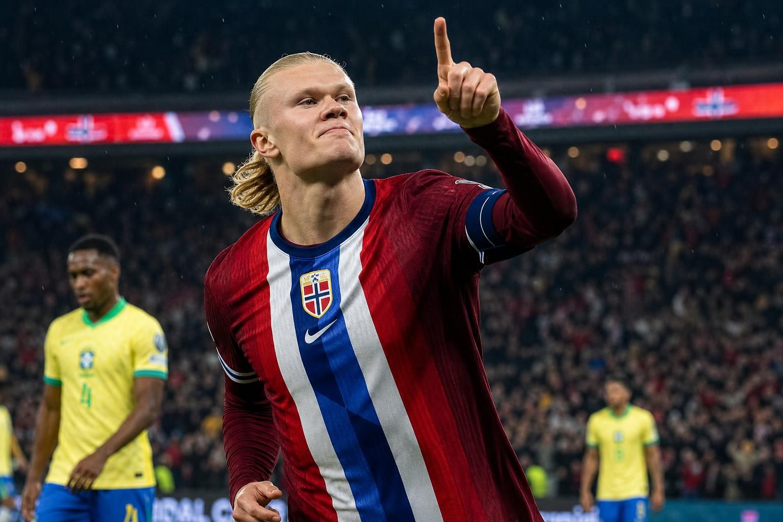 Erling Haaland viert een beslissend doelpunt voor Noorwegen tegen Brazilië