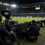 Televisiecamera’s langs het veld in een Belgisch voetbalstadion tijdens een wedstrijddag
