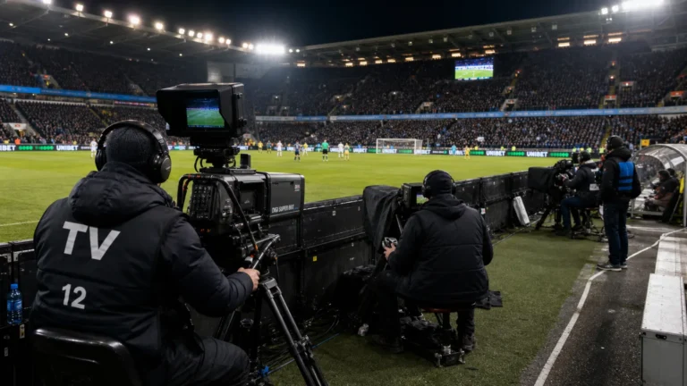 Televisiecamera’s langs het veld in een Belgisch voetbalstadion tijdens een wedstrijddag