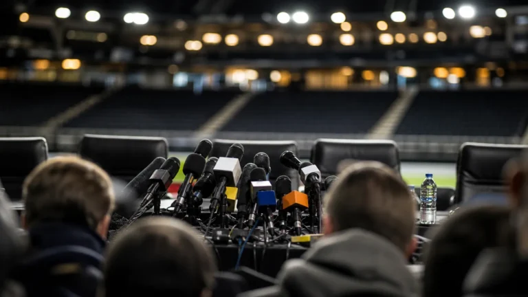 Microfoons in een gespannen voetbalpersruimte rond discussie over WK-rechten