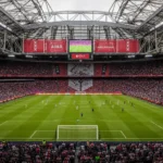 De ArenA tijdens een wedstrijddag van Ajax, met spelers en publiek breed in beeld