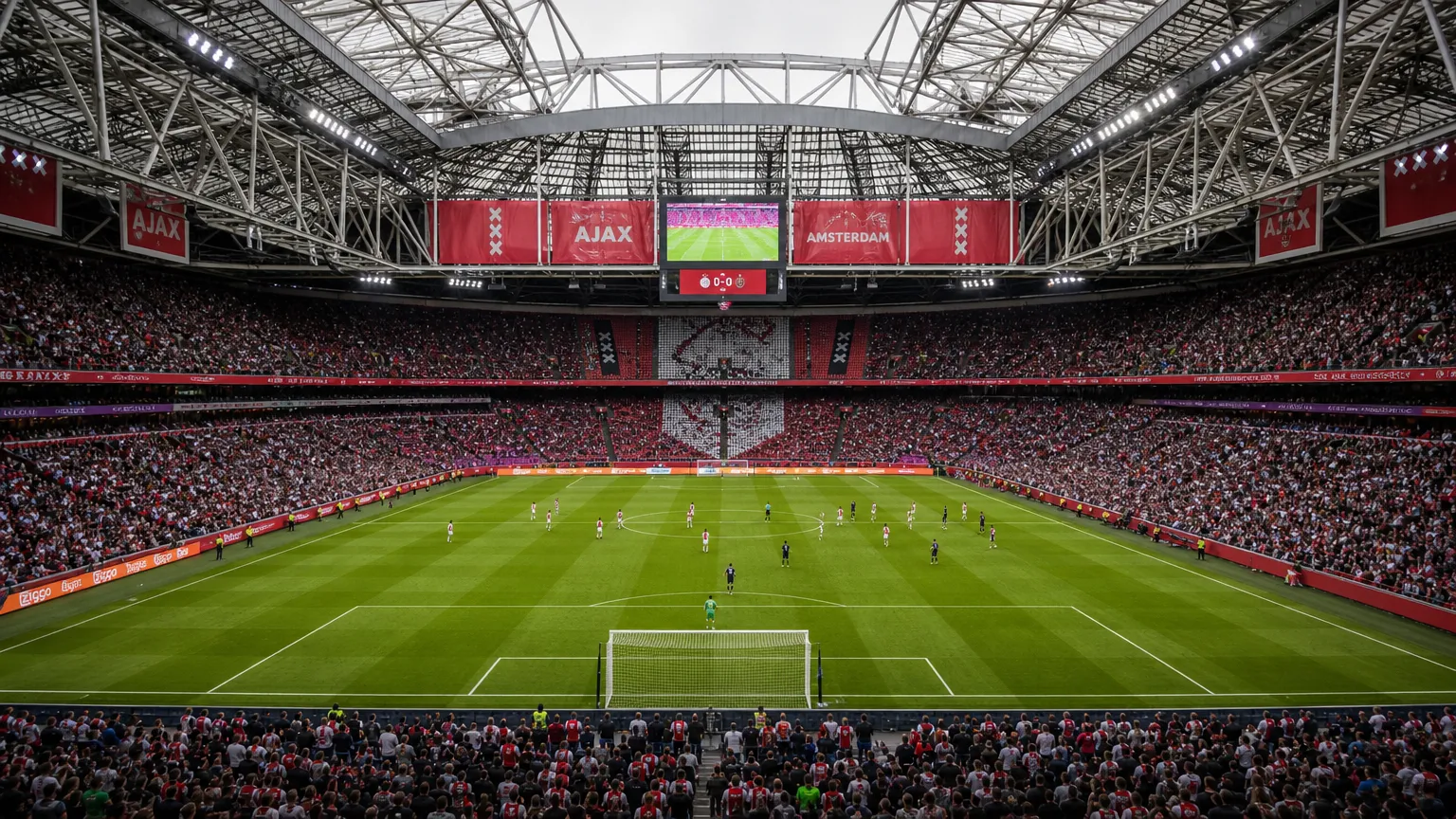 De ArenA tijdens een wedstrijddag van Ajax, met spelers en publiek breed in beeld