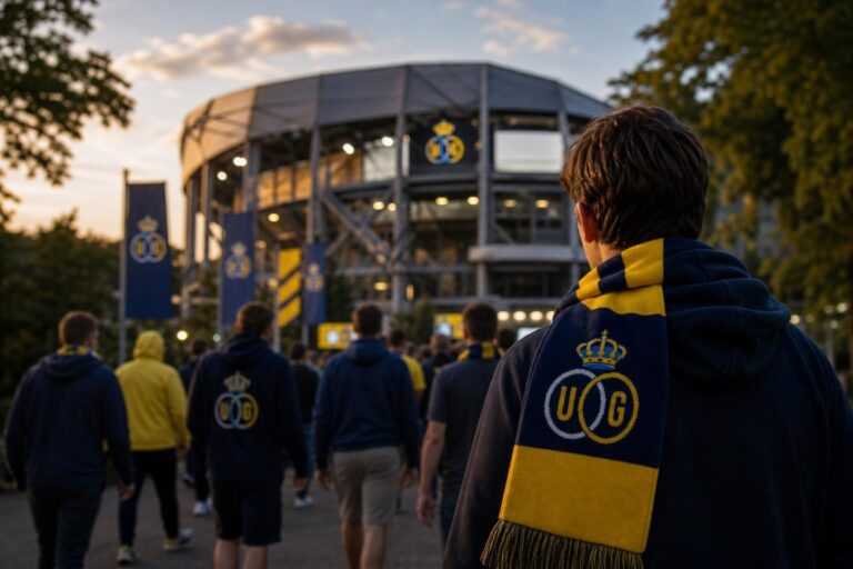 Transfercontext rond Union SG met supporterssfeer aan het stadion zonder herkenbare gezichten