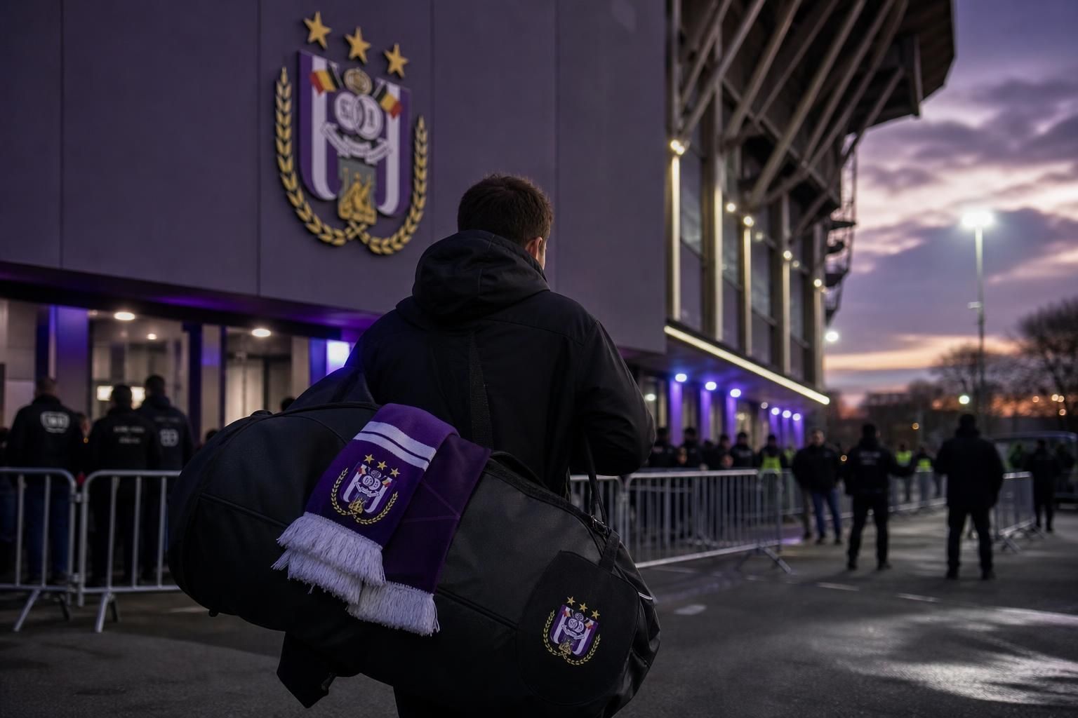 Transfersfeer rond RSC Anderlecht met paarse clubkleuren en stadionomgeving