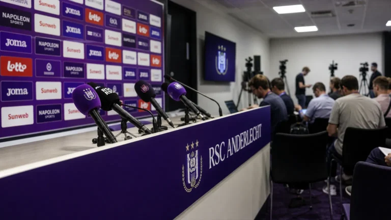 Perszaal van RSC Anderlecht met journalisten en een paars-witte mediawand